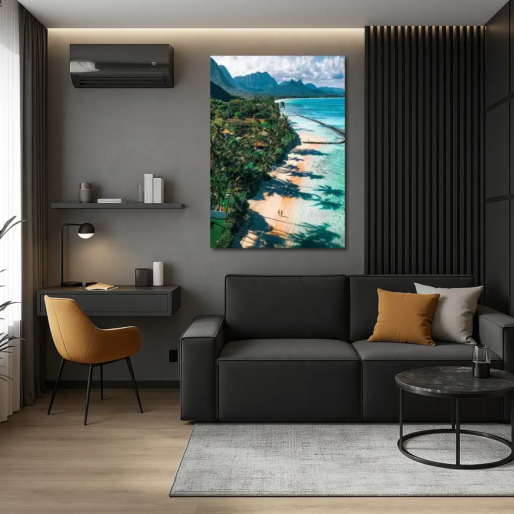 Tropical Beach Palm Shadows Turquoise Water Mountains – Wall Art