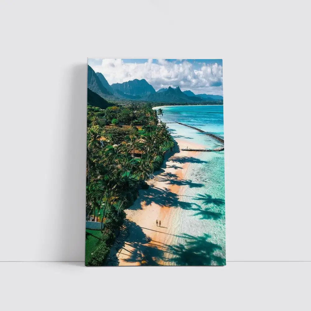 Tropical Beach Palm Shadows Turquoise Water Mountains – Wall Art