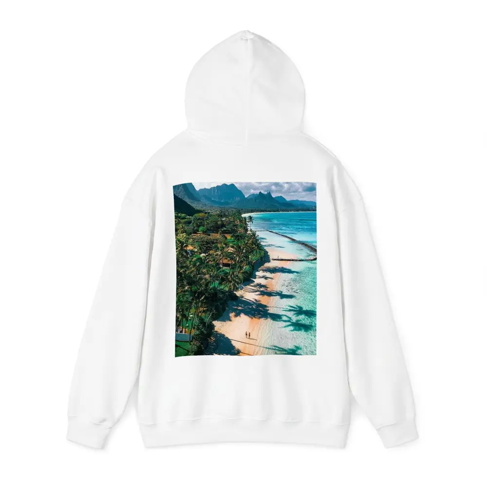 Tropical Beach Palm Shadows Turquoise Water Mountains – Hoodies