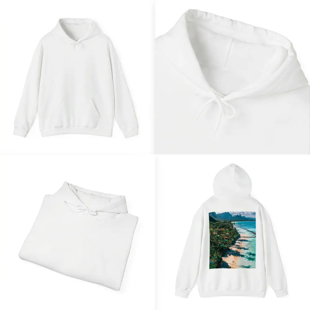 Tropical Beach Palm Shadows Turquoise Water Mountains – Hoodies