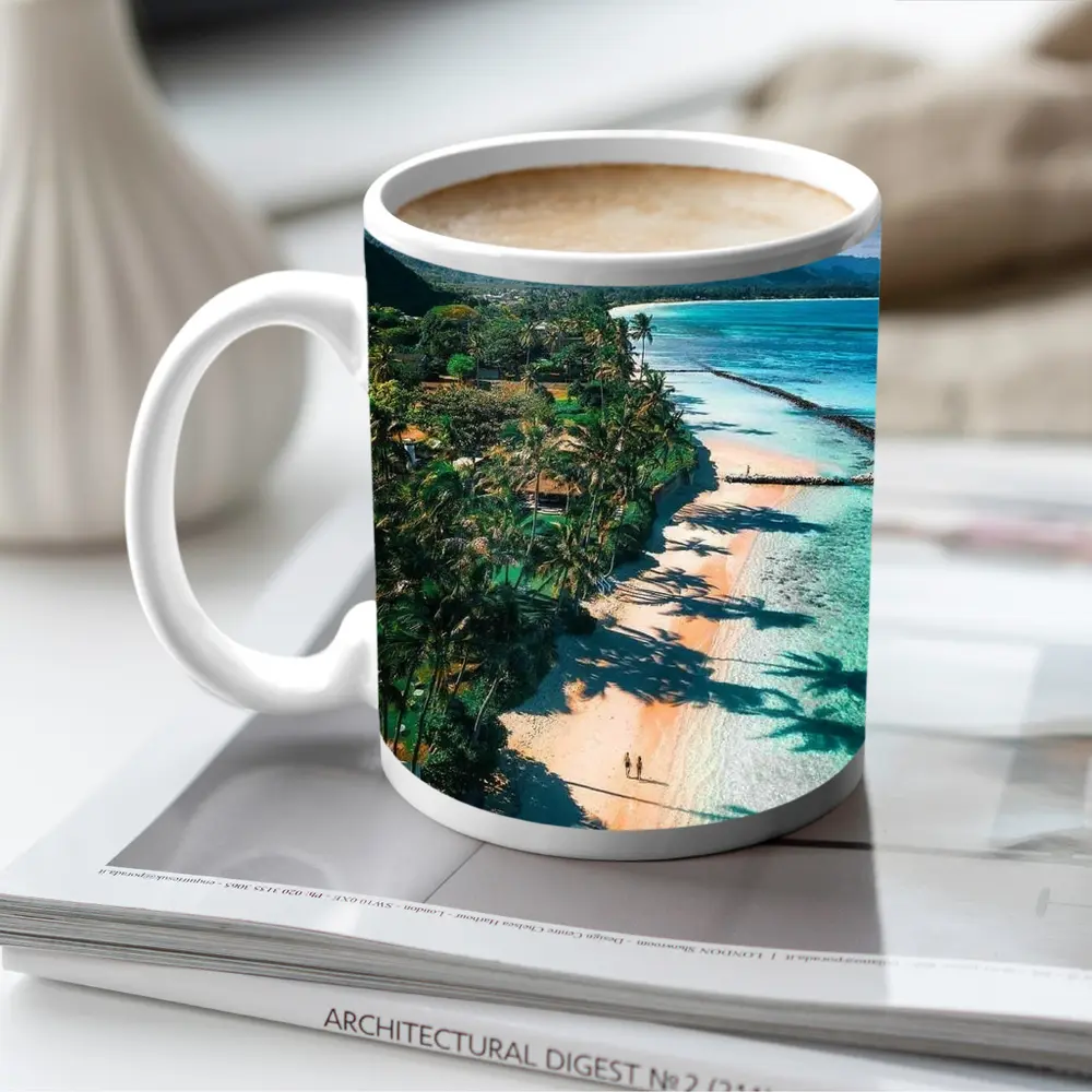 Tropical Beach Palm Shadows Turquoise Water Mountains – Mugs