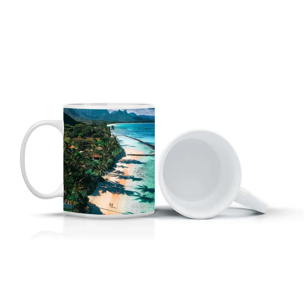 Tropical Beach Palm Shadows Turquoise Water Mountains – Mugs