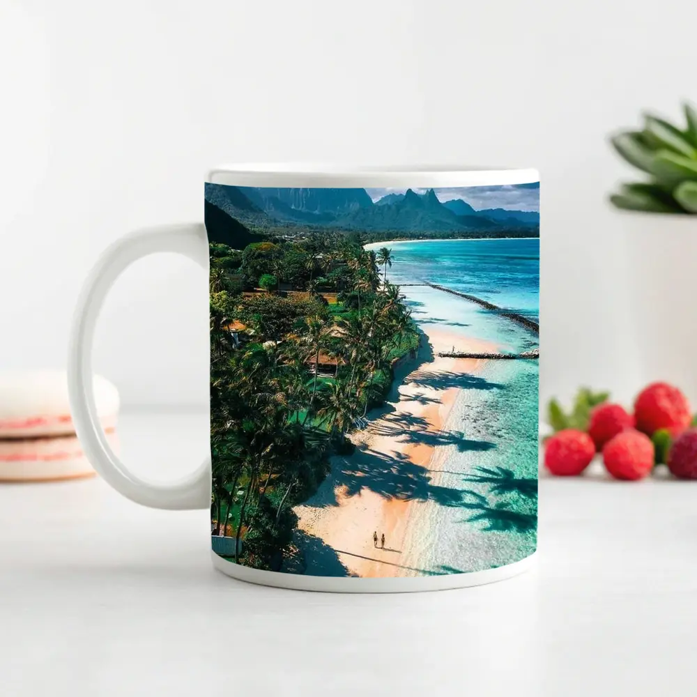 Tropical Beach Palm Shadows Turquoise Water Mountains – Mugs