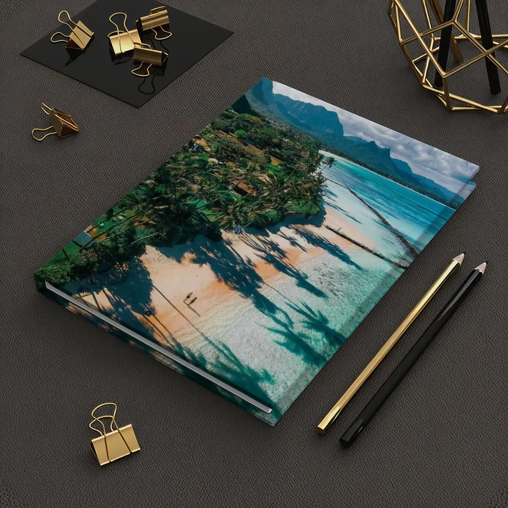 Tropical Beach Palm Shadows Turquoise Water Mountains – Notebooks