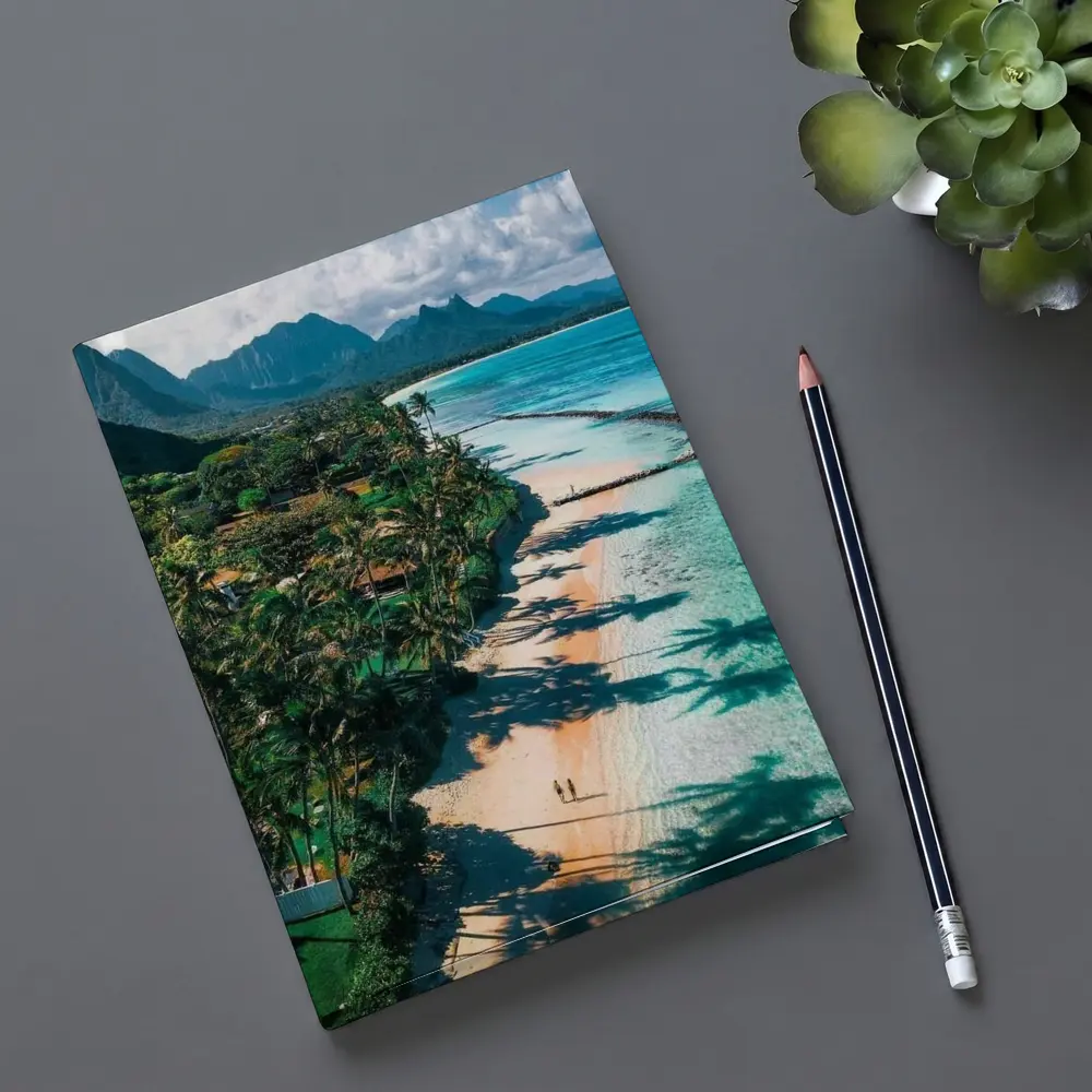 Tropical Beach Palm Shadows Turquoise Water Mountains – Notebooks