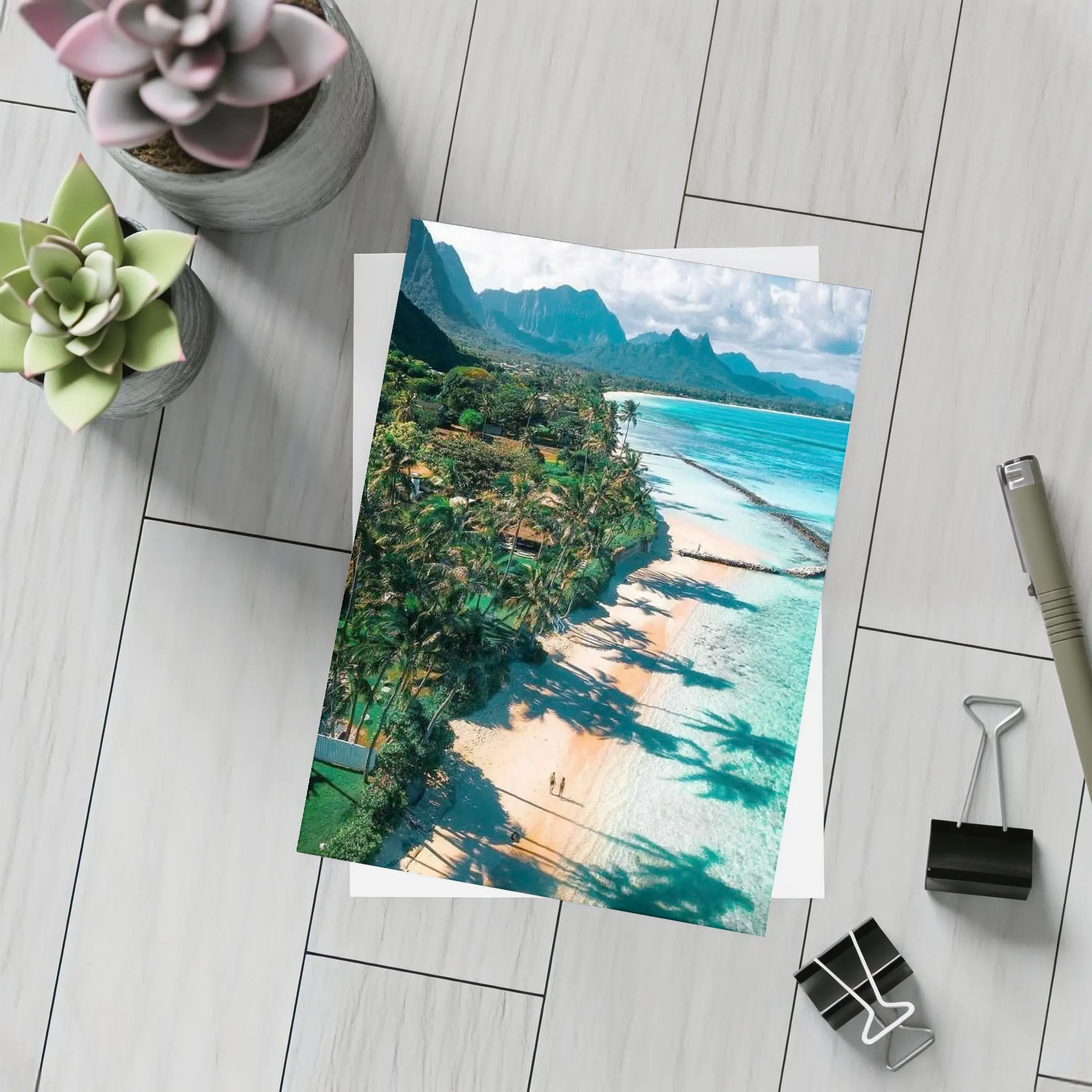 Tropical Beach Palm Shadows Turquoise Water Mountains – Postcards