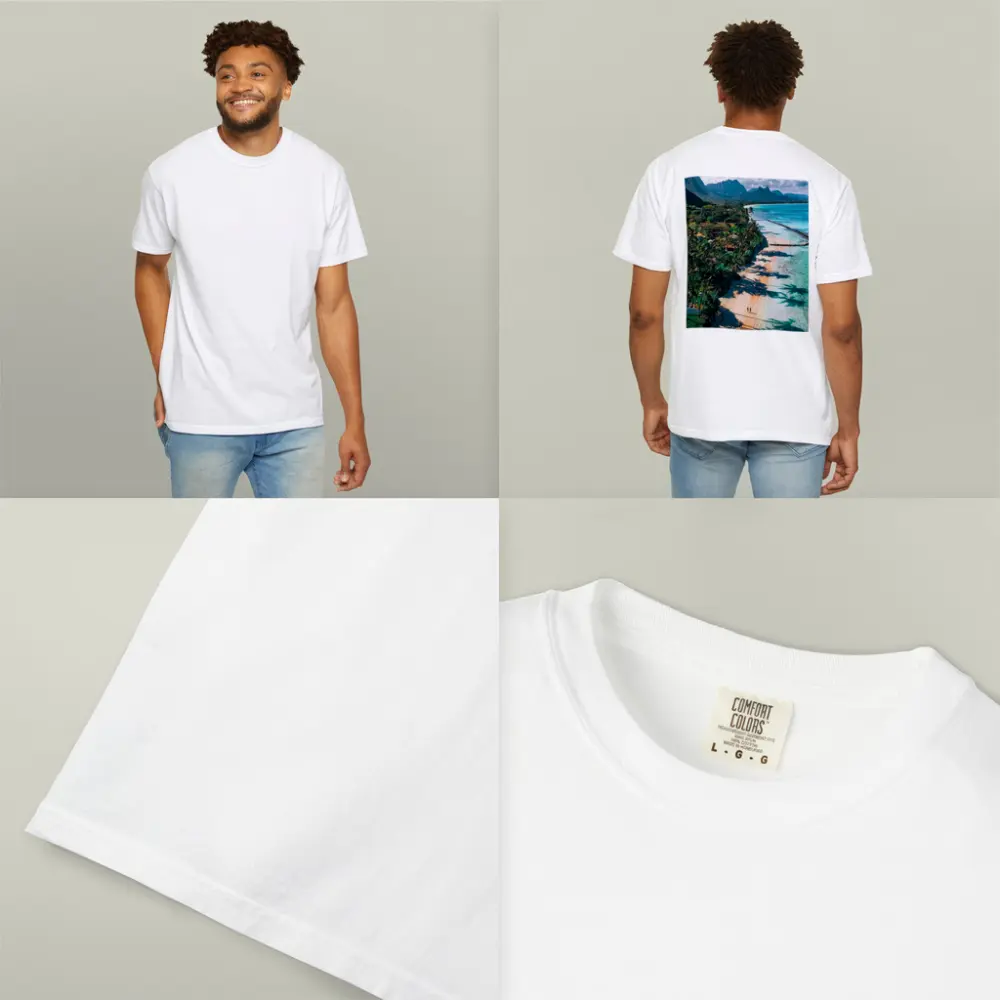Tropical Beach Palm Shadows Turquoise Water Mountains – T-Shirts