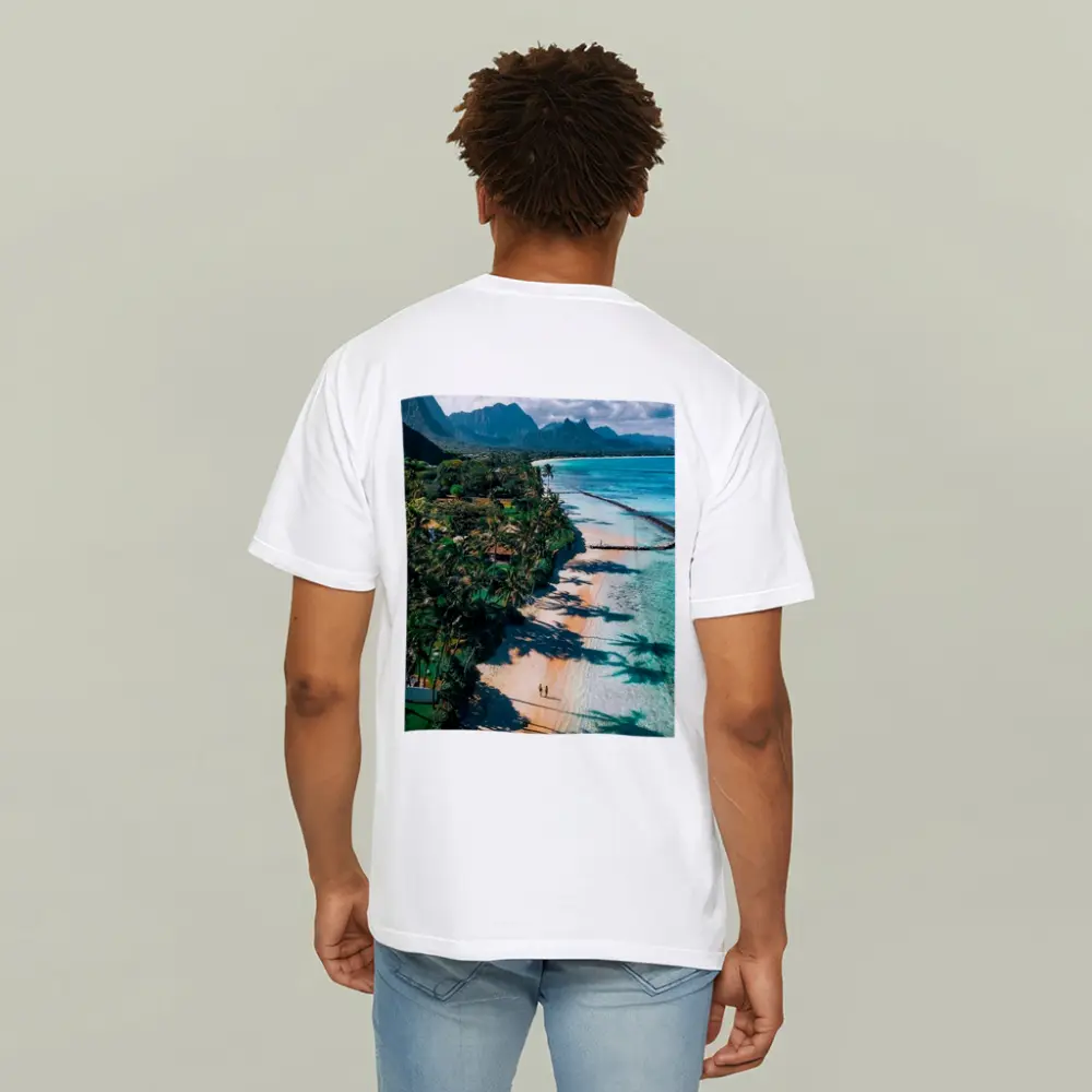 Tropical Beach Palm Shadows Turquoise Water Mountains – T-Shirts