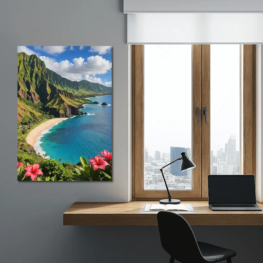 Hawaii Coastal Cliffs Beach Hibiscus Flowers – Wall Art