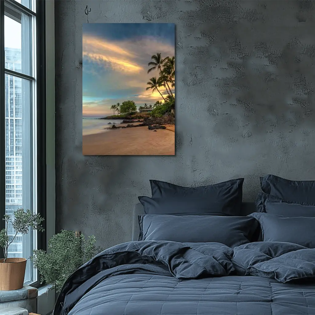Hawaii Beach Sunset Palm Trees Golden Sky – Wall Art