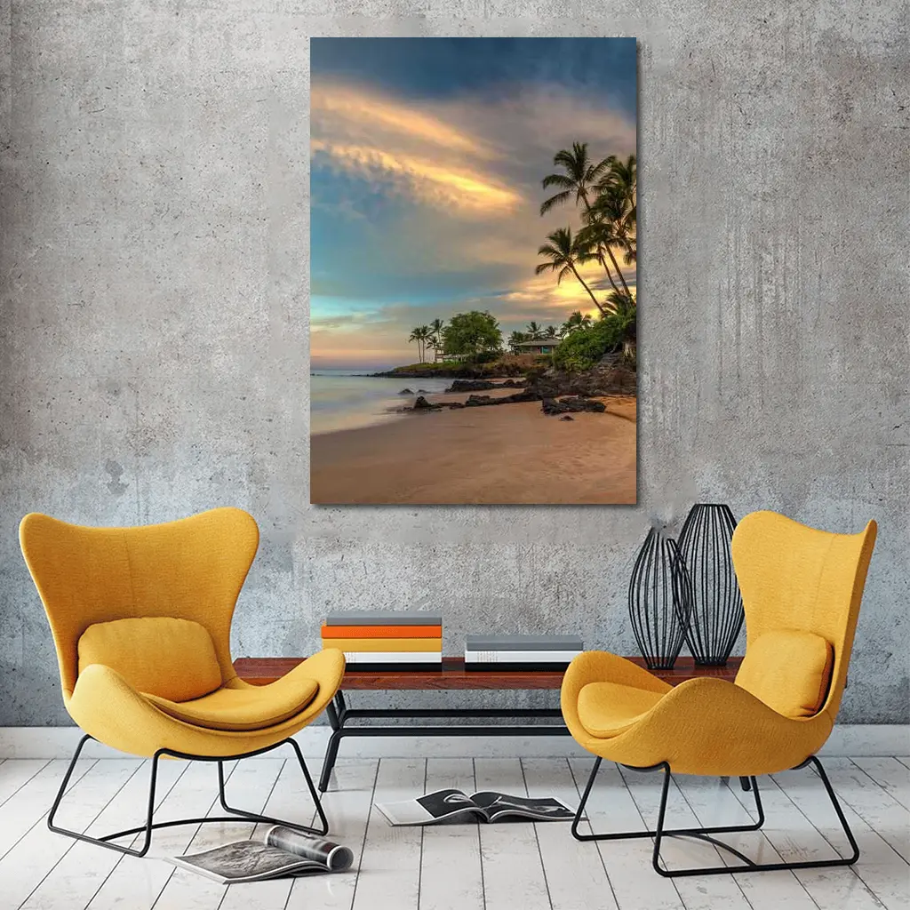 Hawaii Beach Sunset Palm Trees Golden Sky – Wall Art