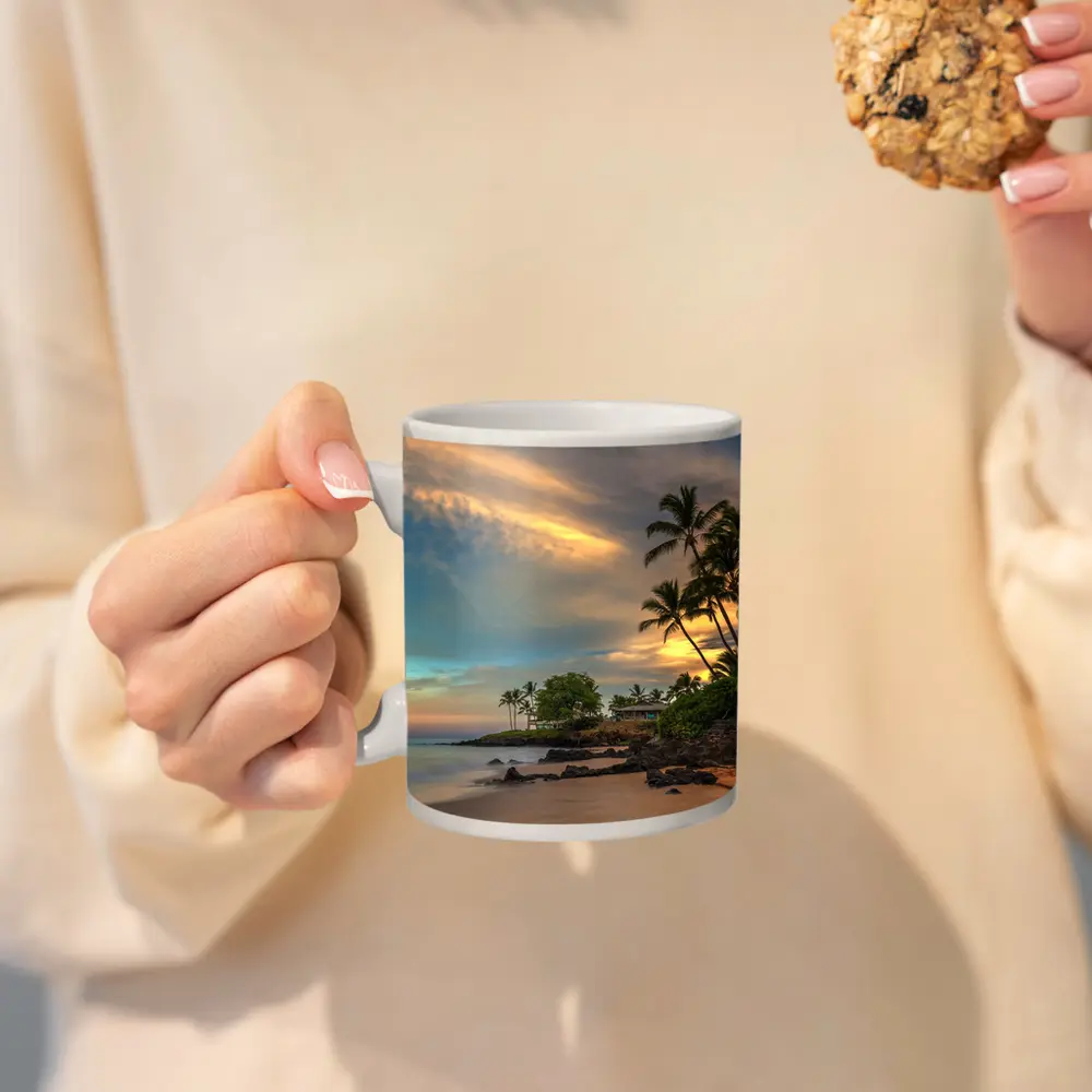Hawaii Beach Sunset Palm Trees Golden Sky – Mugs