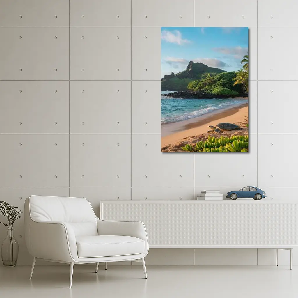 Sea Turtle On Tropical Hawaiian Beach Shore – Wall Art