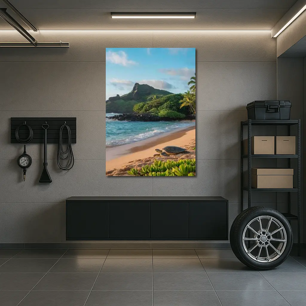 Sea Turtle On Tropical Hawaiian Beach Shore – Wall Art