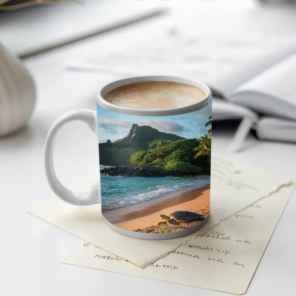 Sea Turtle On Tropical Hawaiian Beach Shore – Mugs