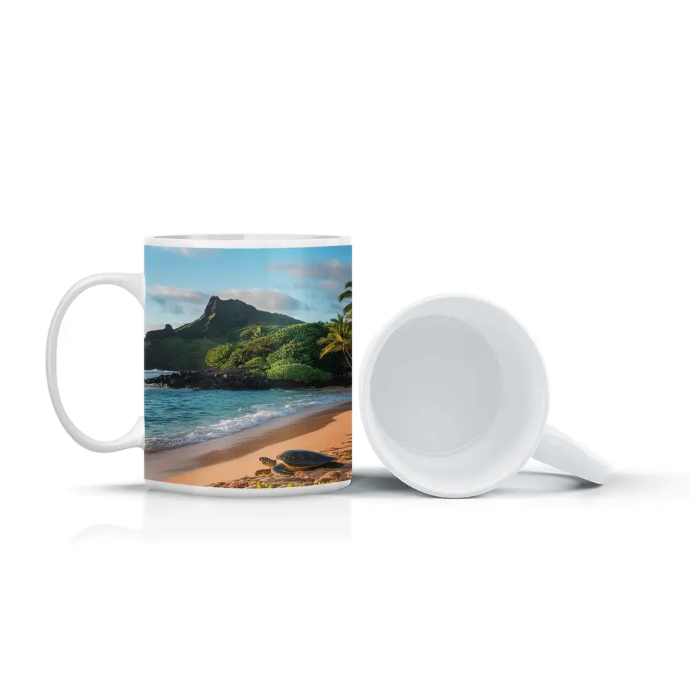 Sea Turtle On Tropical Hawaiian Beach Shore – Mugs
