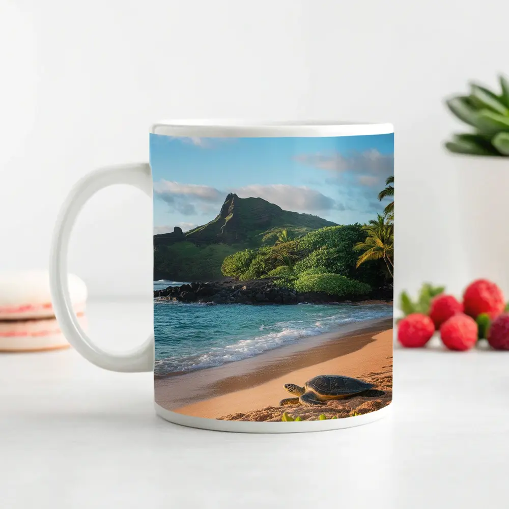 Sea Turtle On Tropical Hawaiian Beach Shore – Mugs