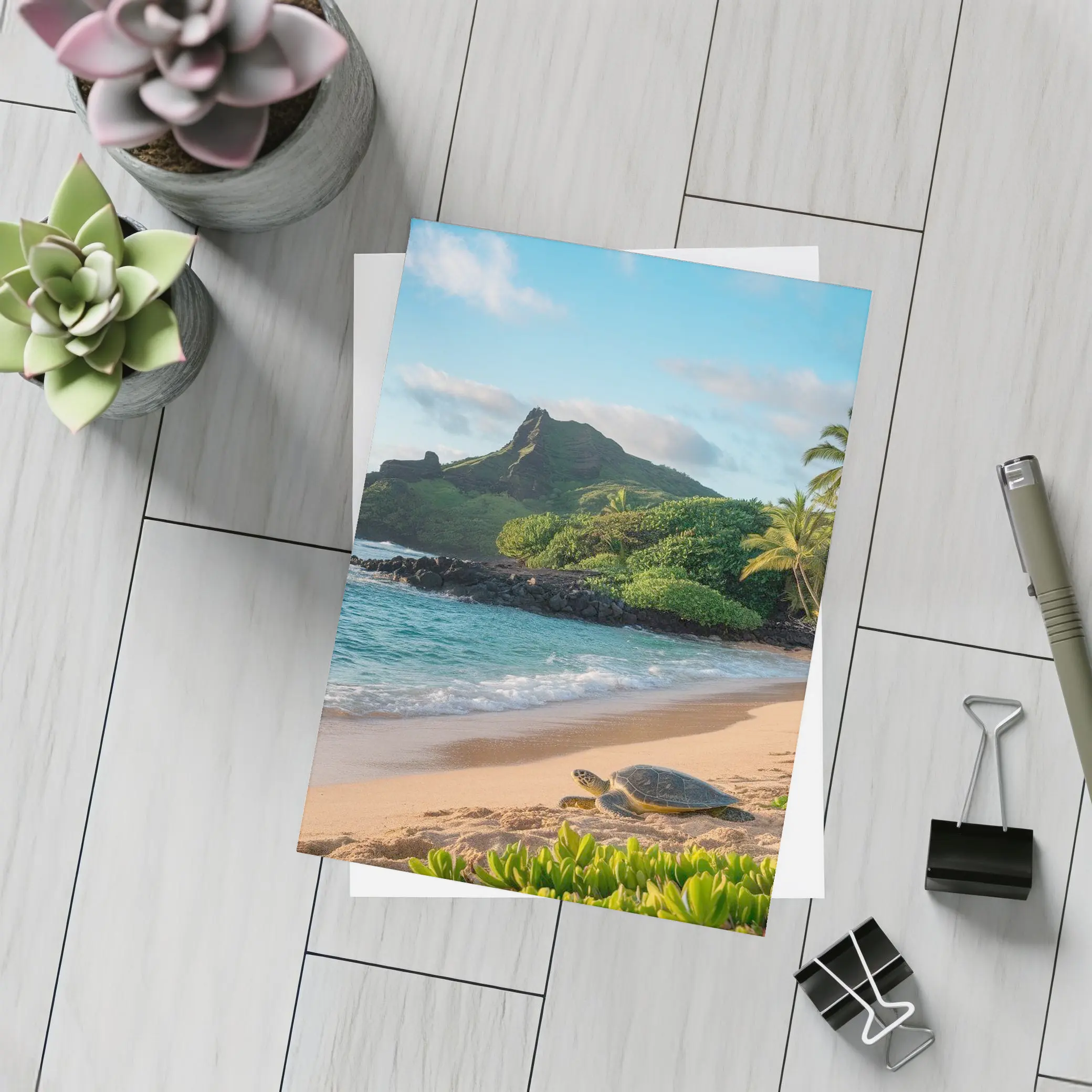 Sea Turtle On Tropical Hawaiian Beach Shore – Postcards