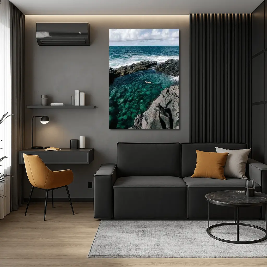 Swimmer In Clear Turquoise Volcanic Rock Pool – Wall Art