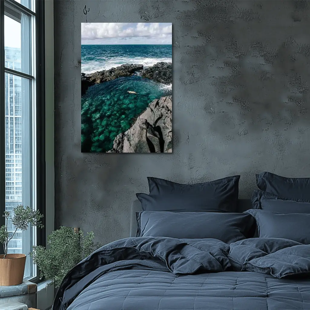 Swimmer In Clear Turquoise Volcanic Rock Pool – Wall Art