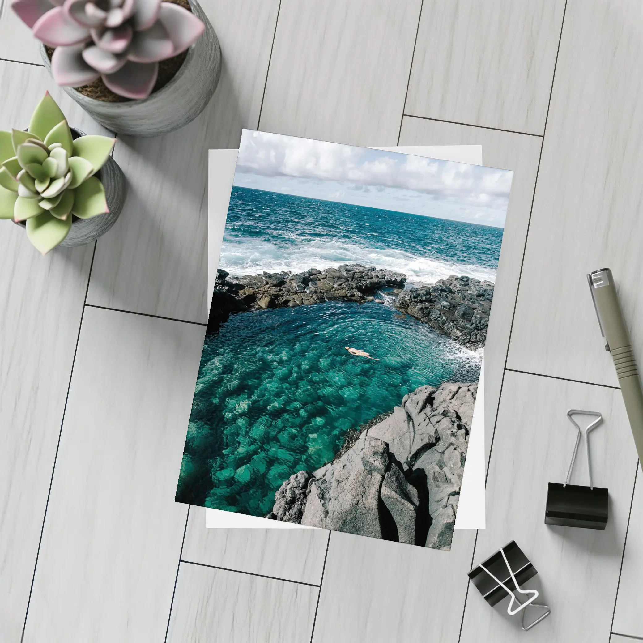 Swimmer In Clear Turquoise Volcanic Rock Pool – Postcards