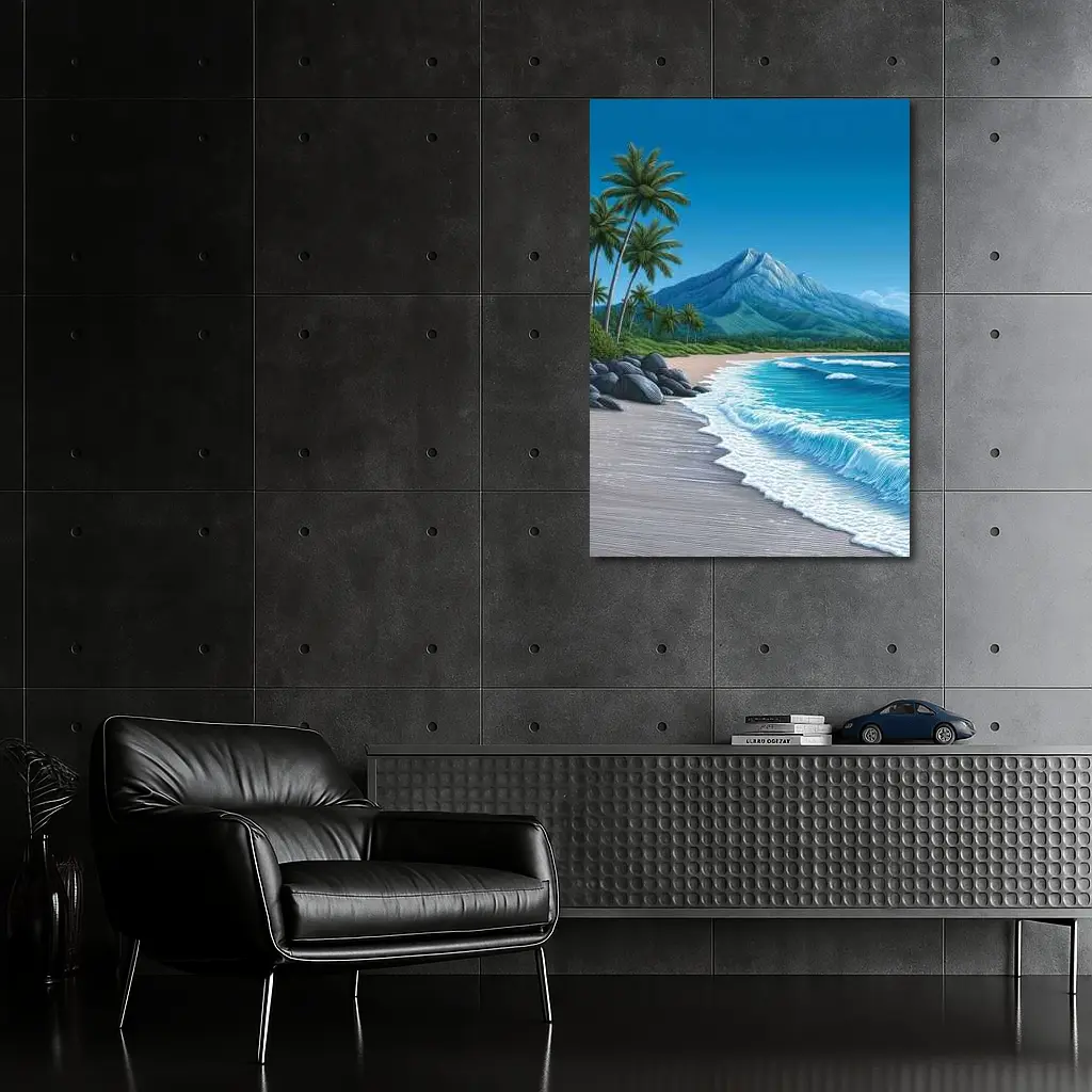 Tropical Beach Palm Trees Mountain Illustration – Wall Art