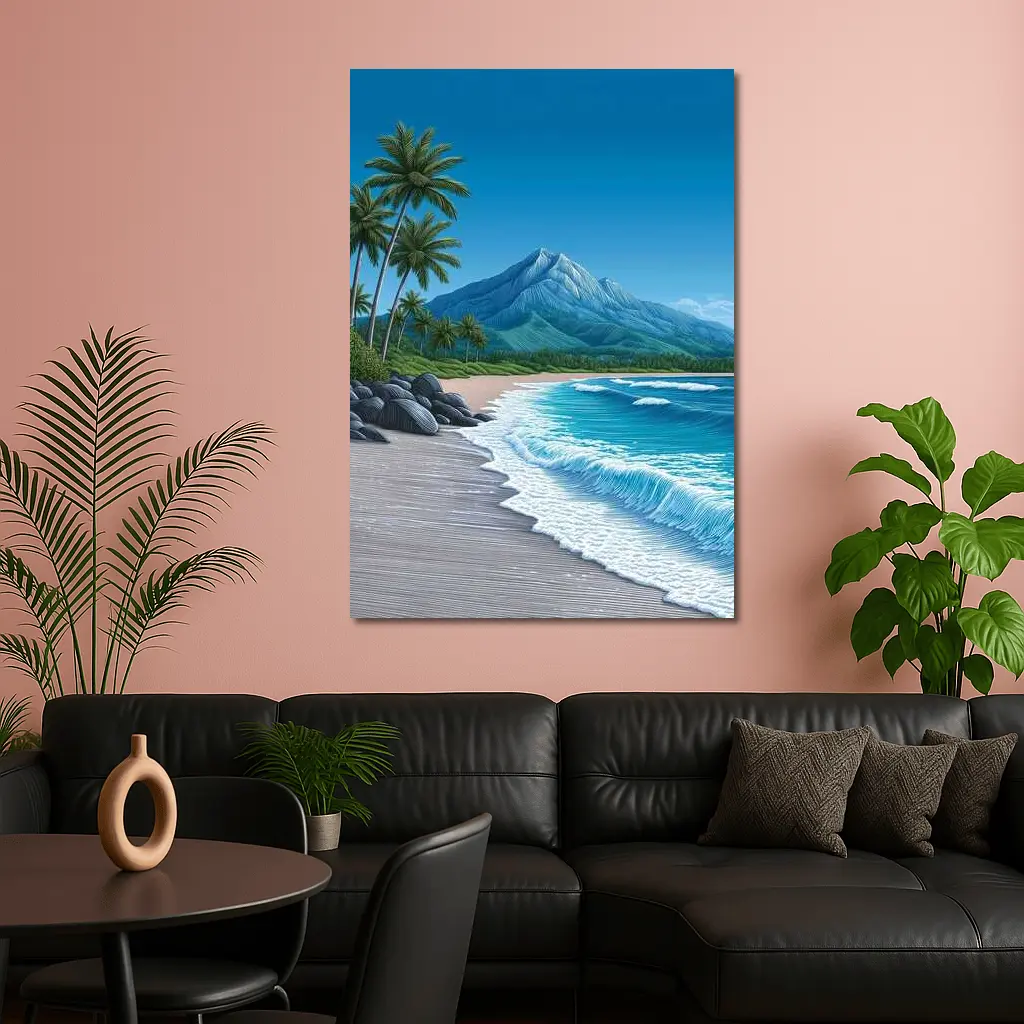 Tropical Beach Palm Trees Mountain Illustration – Wall Art