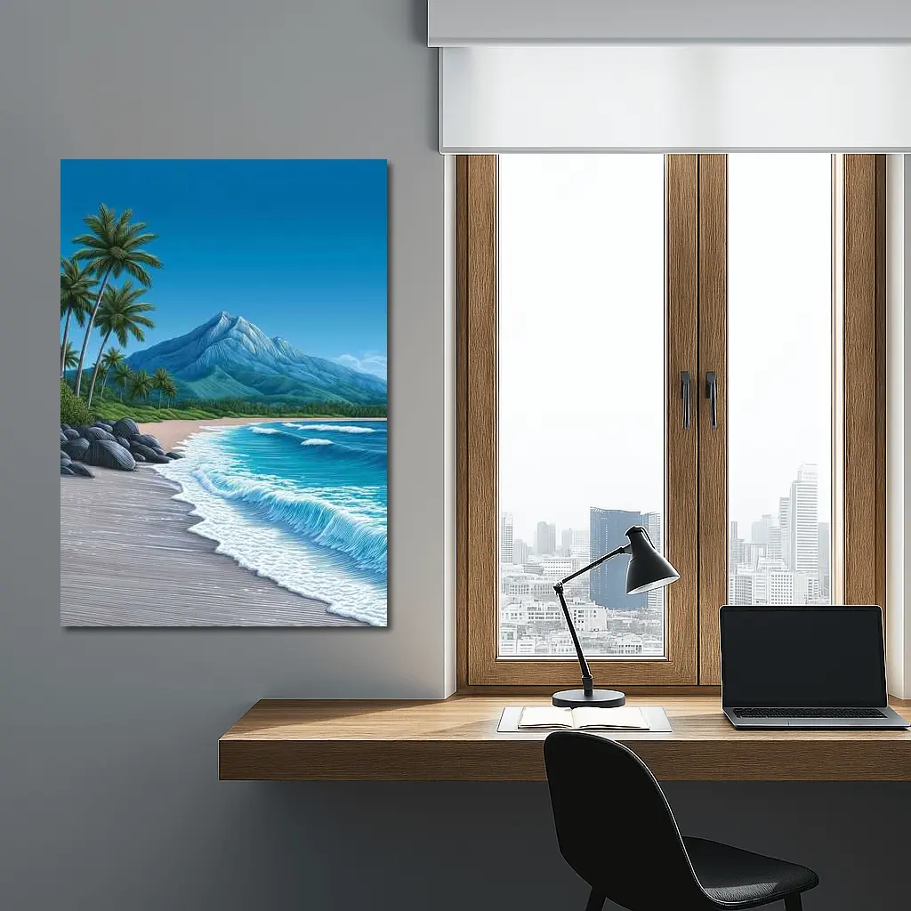 Tropical Beach Palm Trees Mountain Illustration – Wall Art