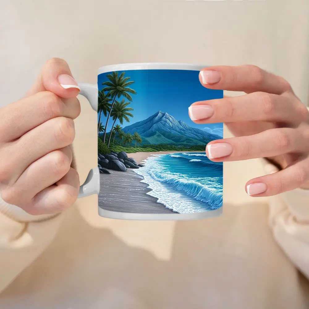 Tropical Beach Palm Trees Mountain Illustration – Mugs