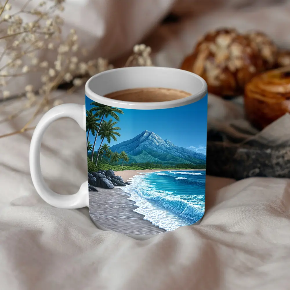 Tropical Beach Palm Trees Mountain Illustration – Mugs