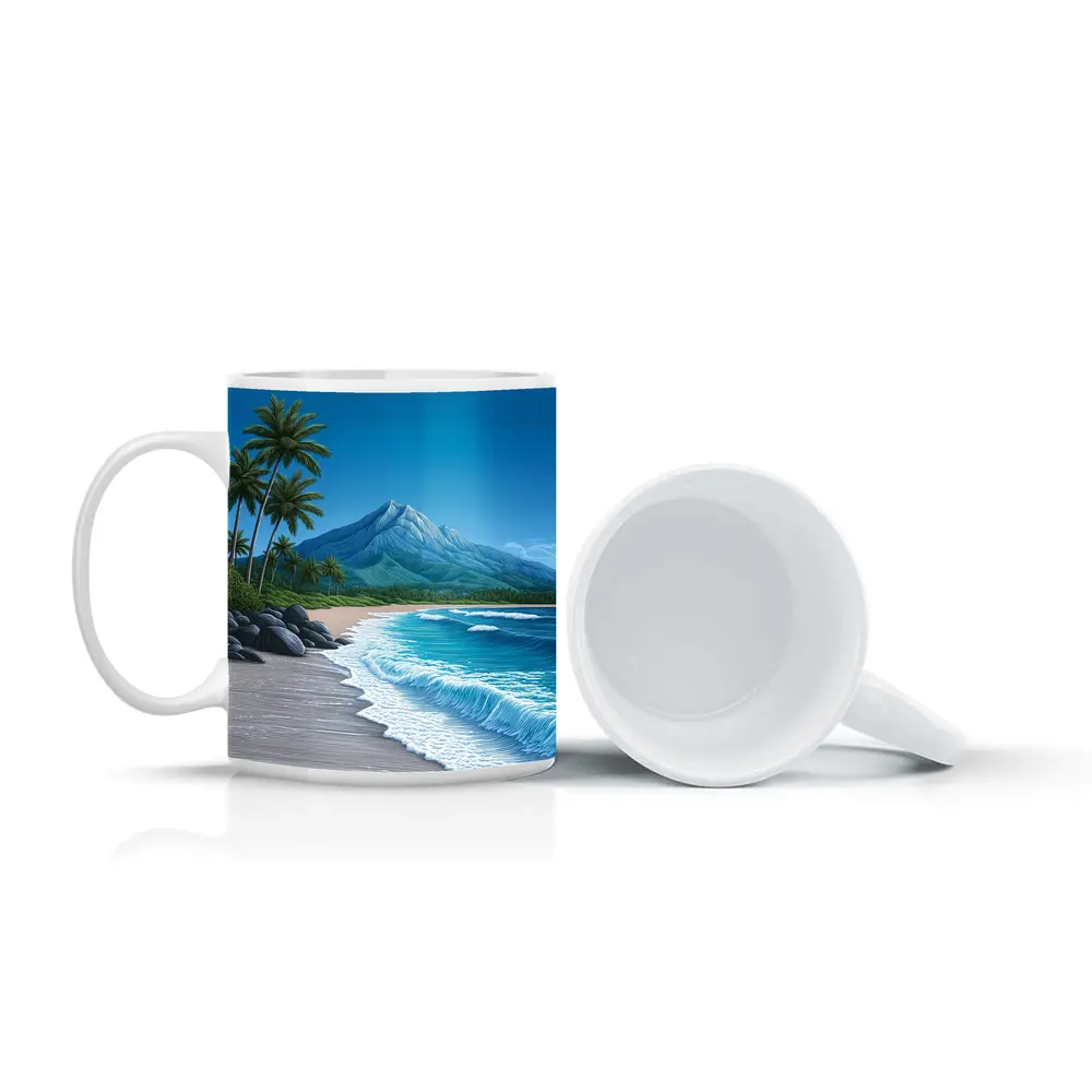 Tropical Beach Palm Trees Mountain Illustration – Mugs