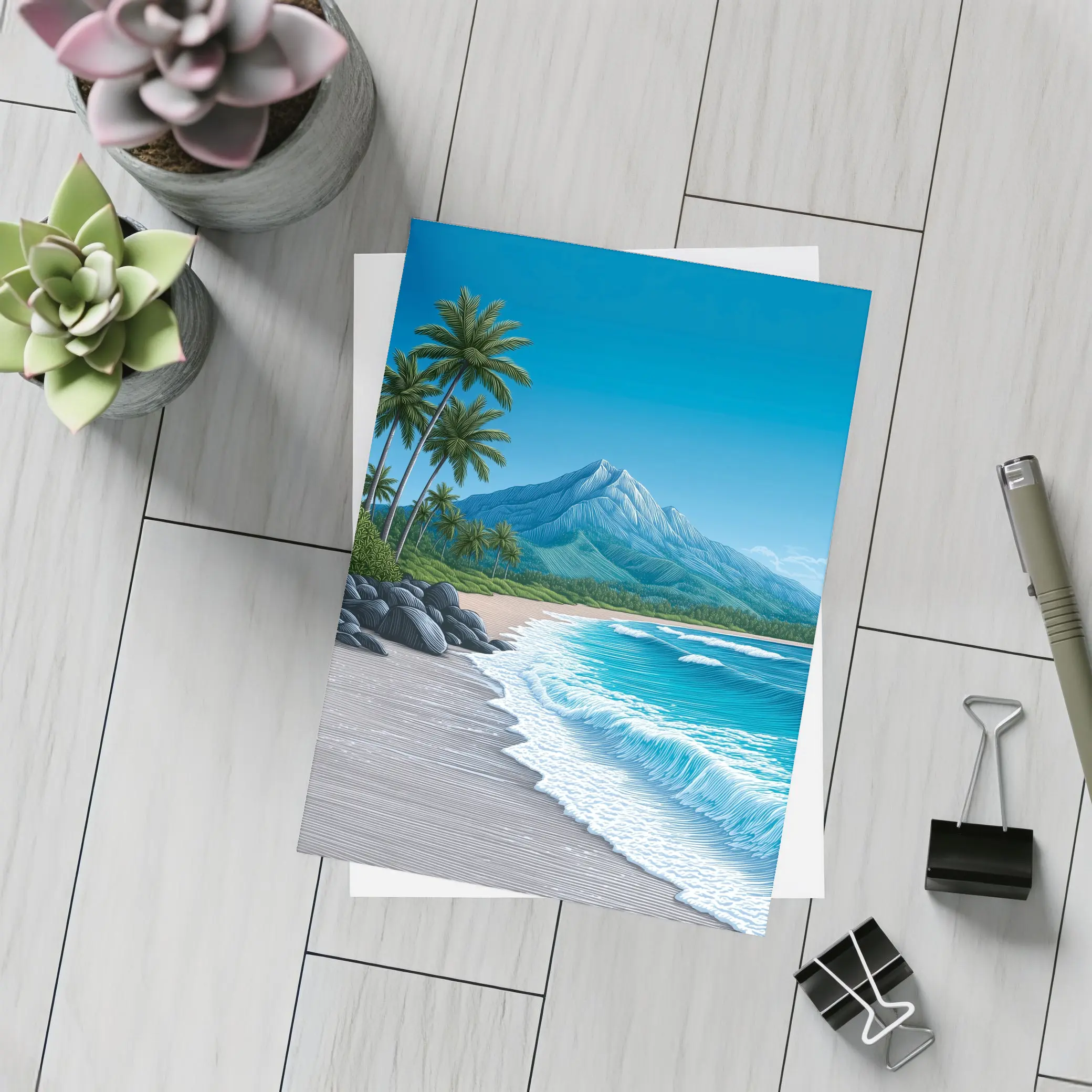 Tropical Beach Palm Trees Mountain Illustration – Postcards