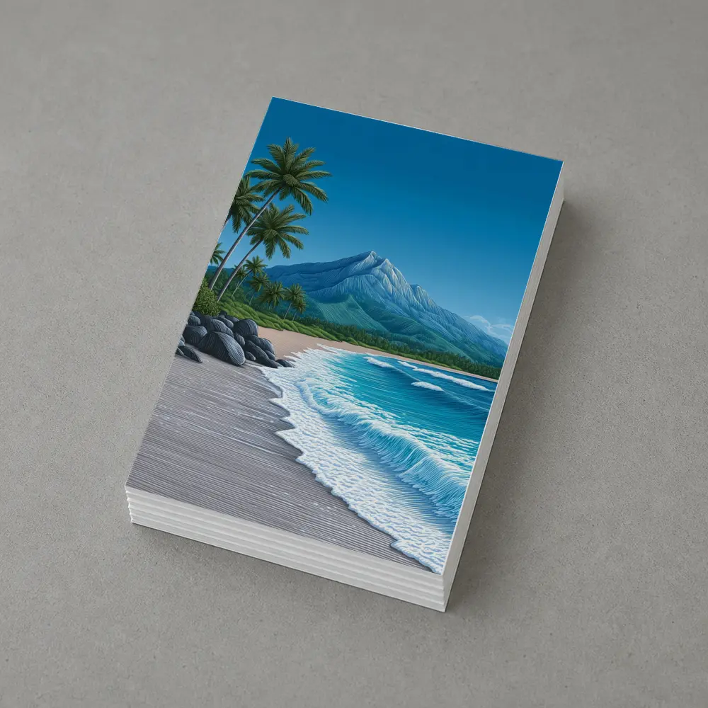 Tropical Beach Palm Trees Mountain Illustration – Postcards
