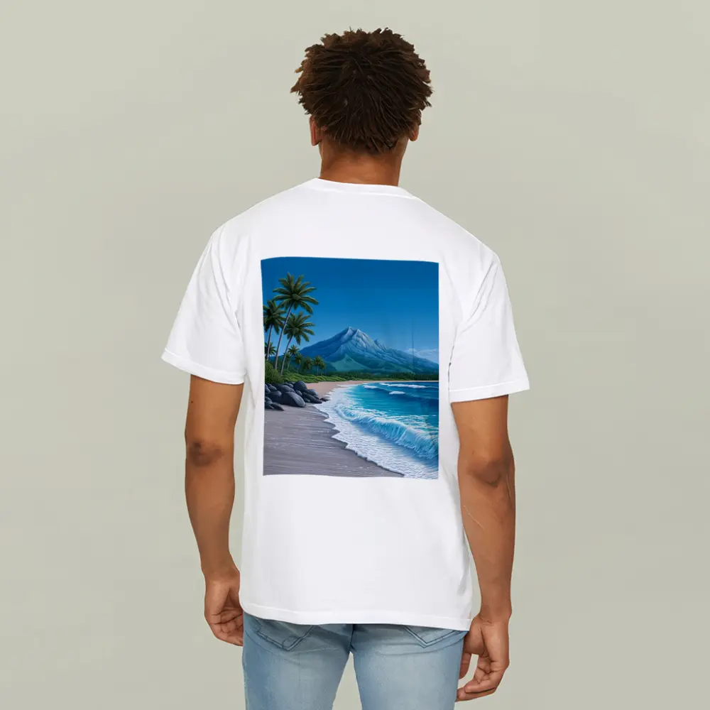 Tropical Beach Palm Trees Mountain Illustration – T-Shirts