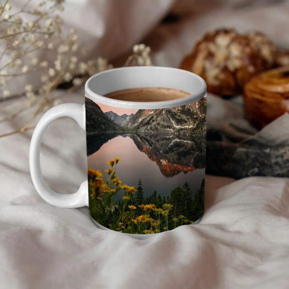 Mountain Lake Reflection Sunset Yellow Wildflowers – Mugs