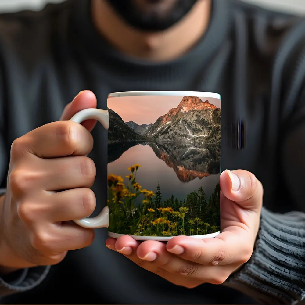 Mountain Lake Reflection Sunset Yellow Wildflowers – Mugs