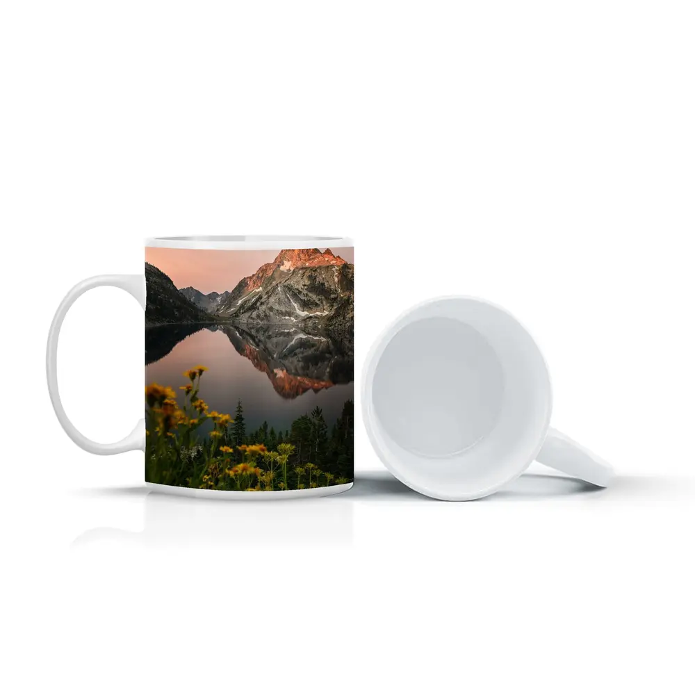 Mountain Lake Reflection Sunset Yellow Wildflowers – Mugs