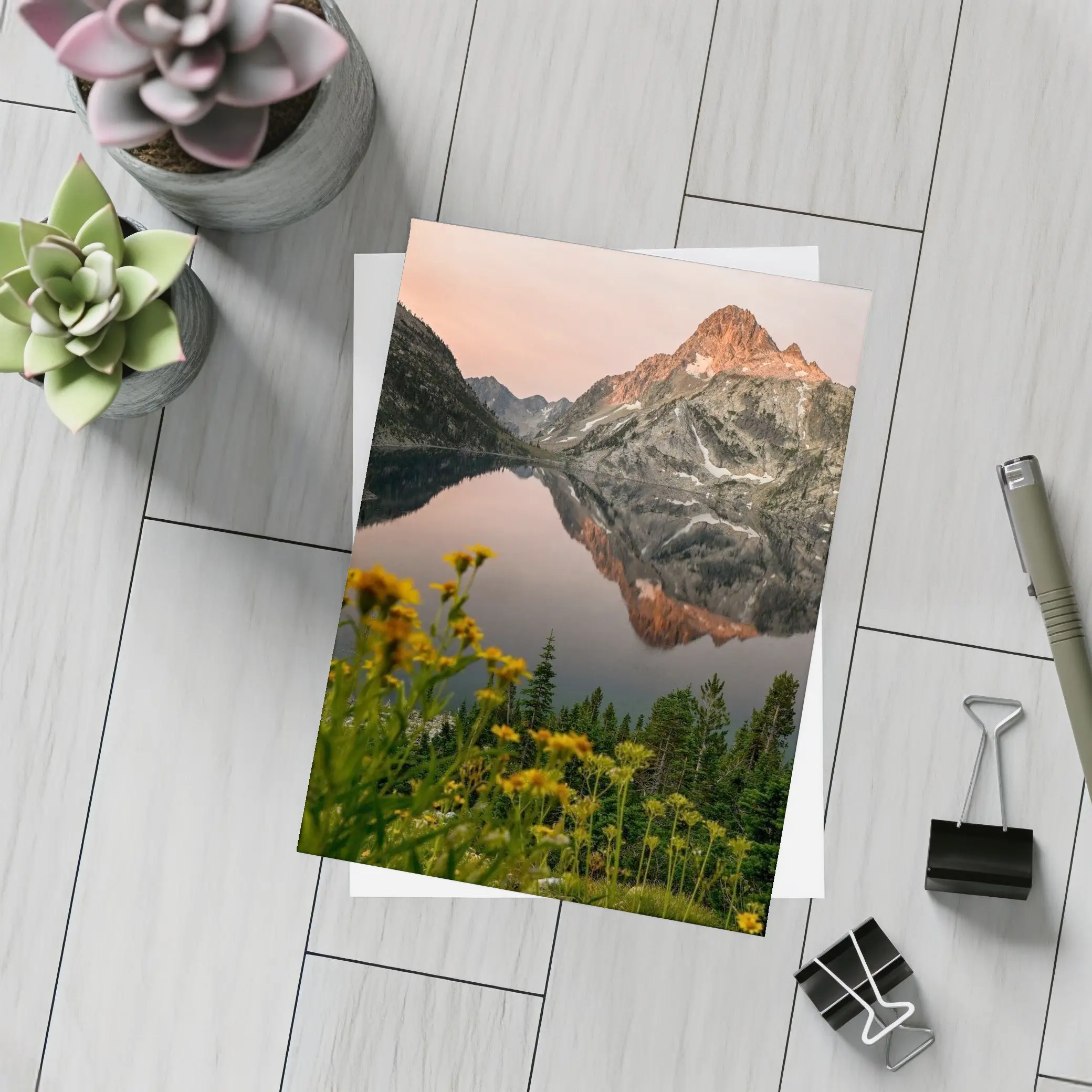 Mountain Lake Reflection Sunset Yellow Wildflowers – Postcards