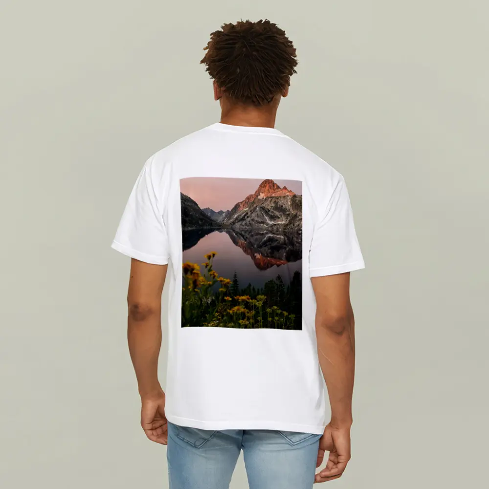 Mountain Lake Reflection Sunset Yellow Wildflowers – T-Shirts