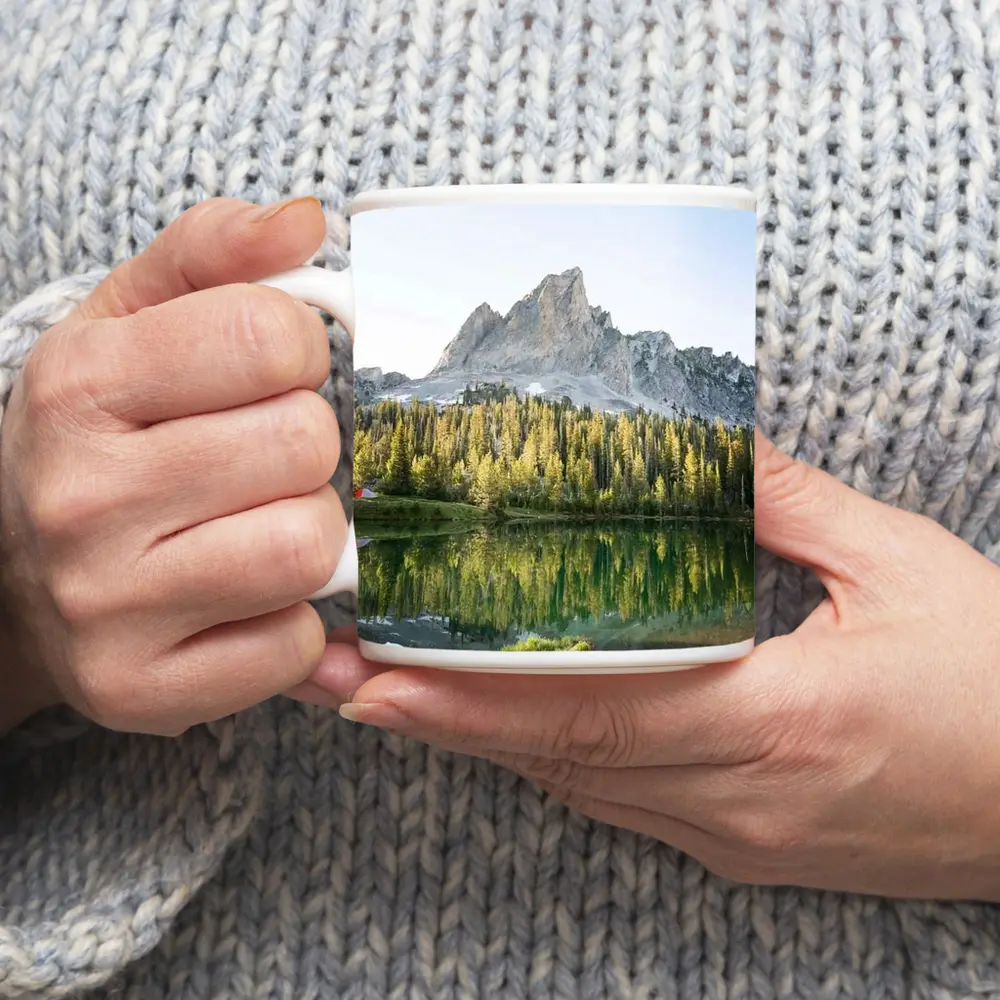 Mountain Peak Reflected In Alpine Lake – Mugs