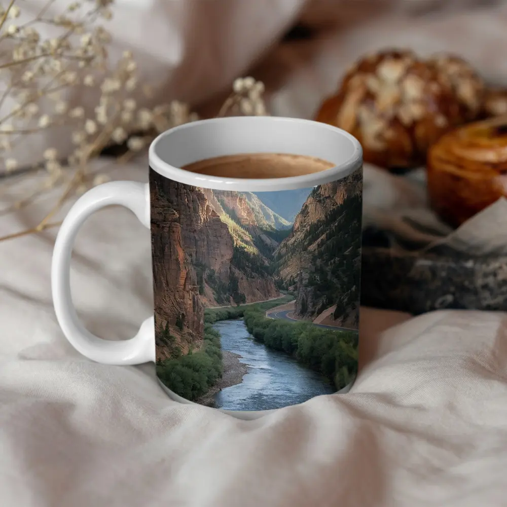 River Canyon Winding Through Red Cliffs – Mugs