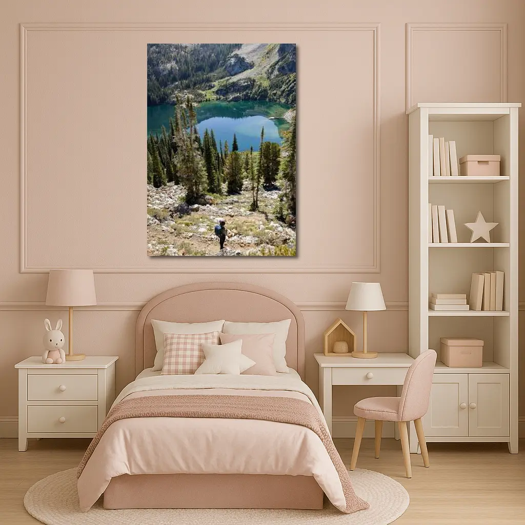 Hiker Overlooking Alpine Lake Mountain Forest – Wall Art