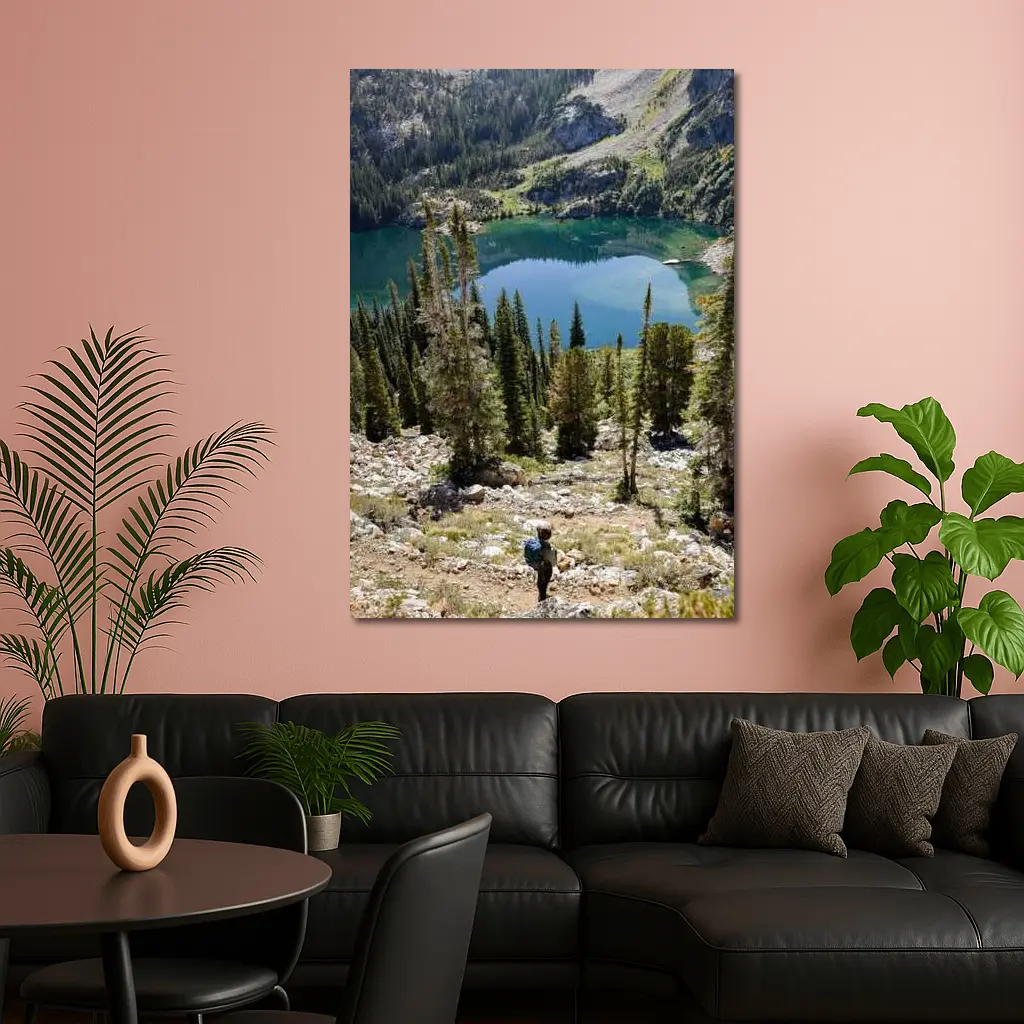 Hiker Overlooking Alpine Lake Mountain Forest – Wall Art