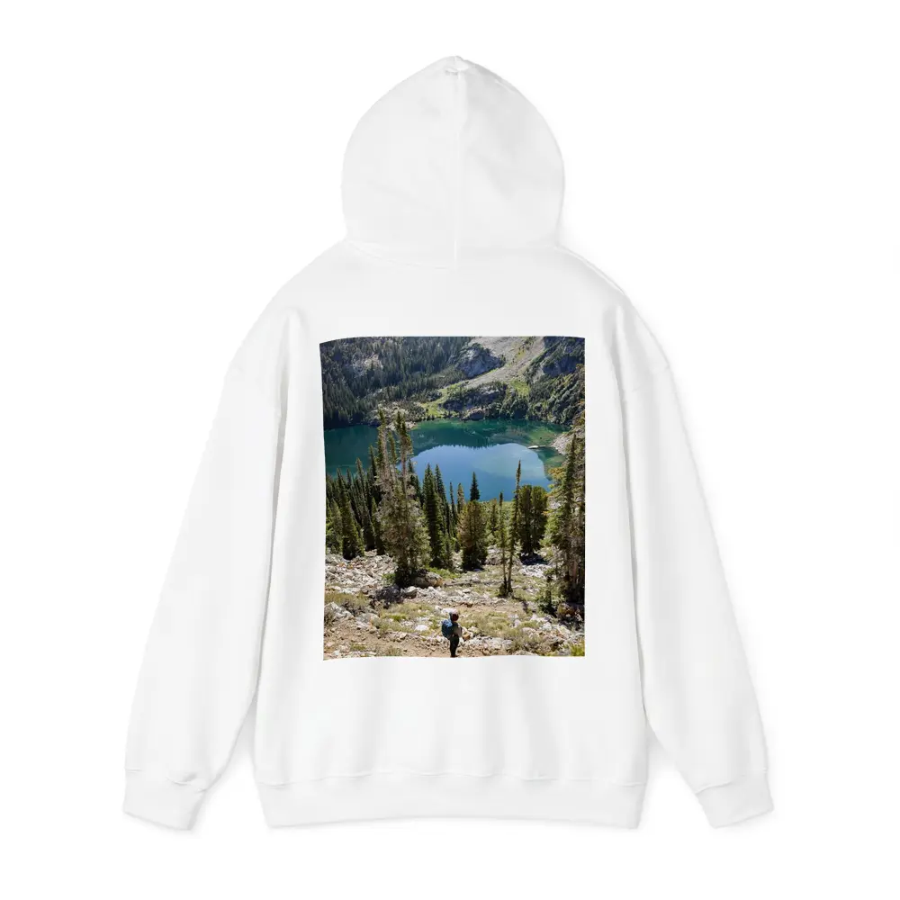Hiker Overlooking Alpine Lake Mountain Forest – Hoodies