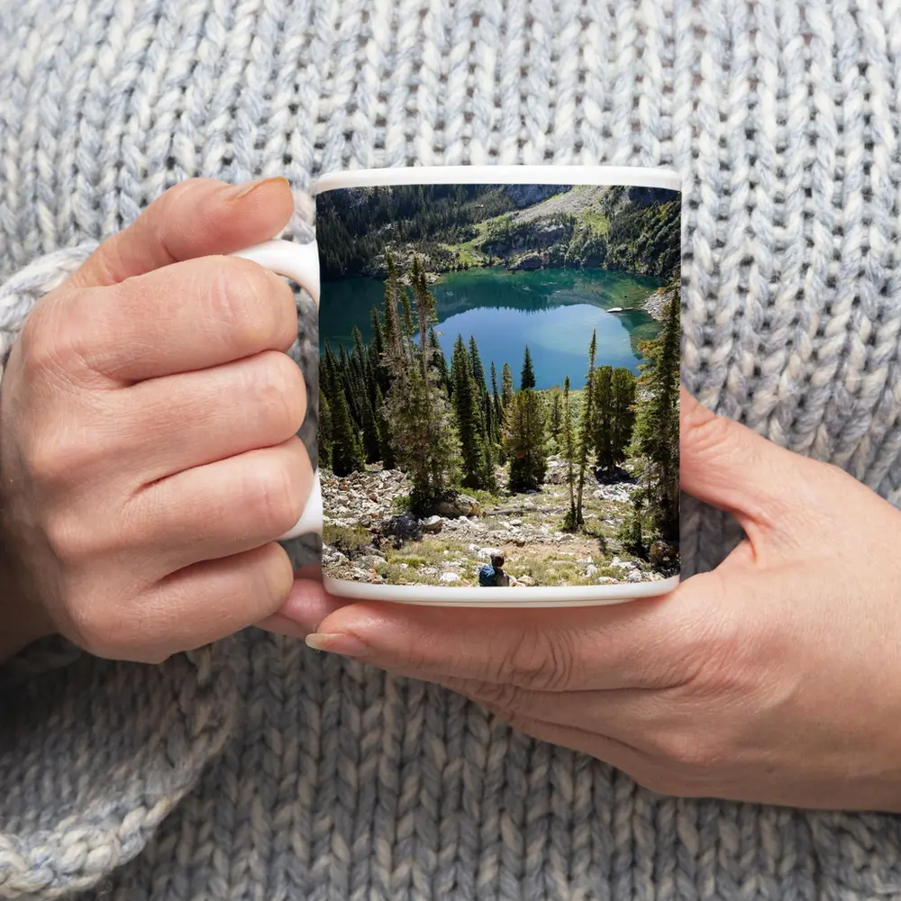 Hiker Overlooking Alpine Lake Mountain Forest – Mugs