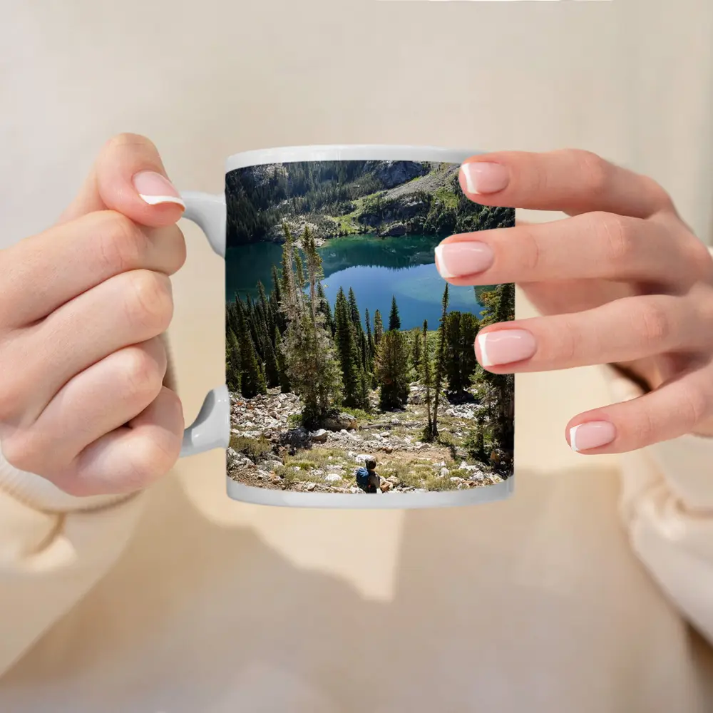 Hiker Overlooking Alpine Lake Mountain Forest – Mugs