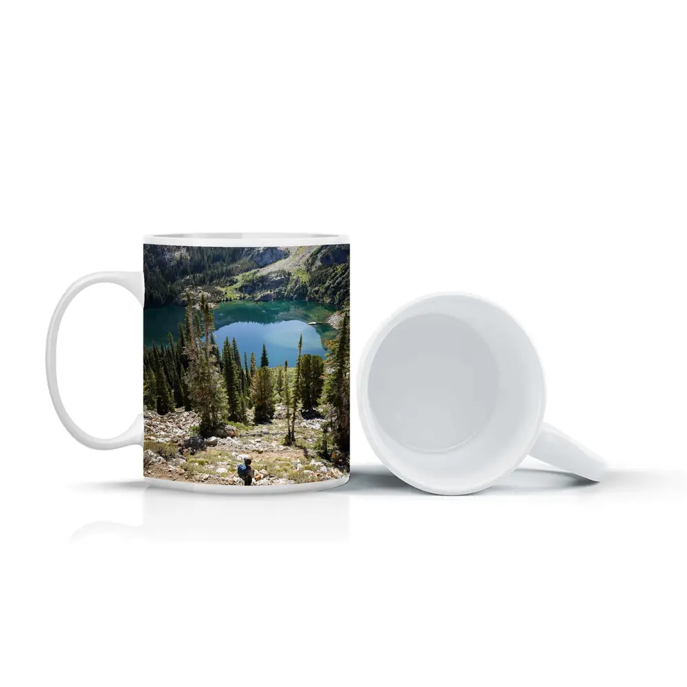 Hiker Overlooking Alpine Lake Mountain Forest – Mugs