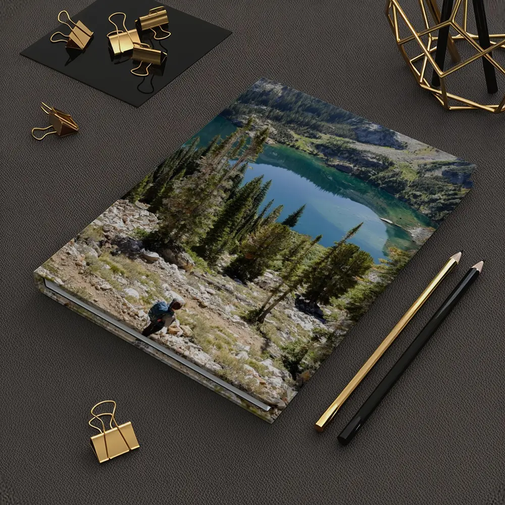 Hiker Overlooking Alpine Lake Mountain Forest – Notebooks