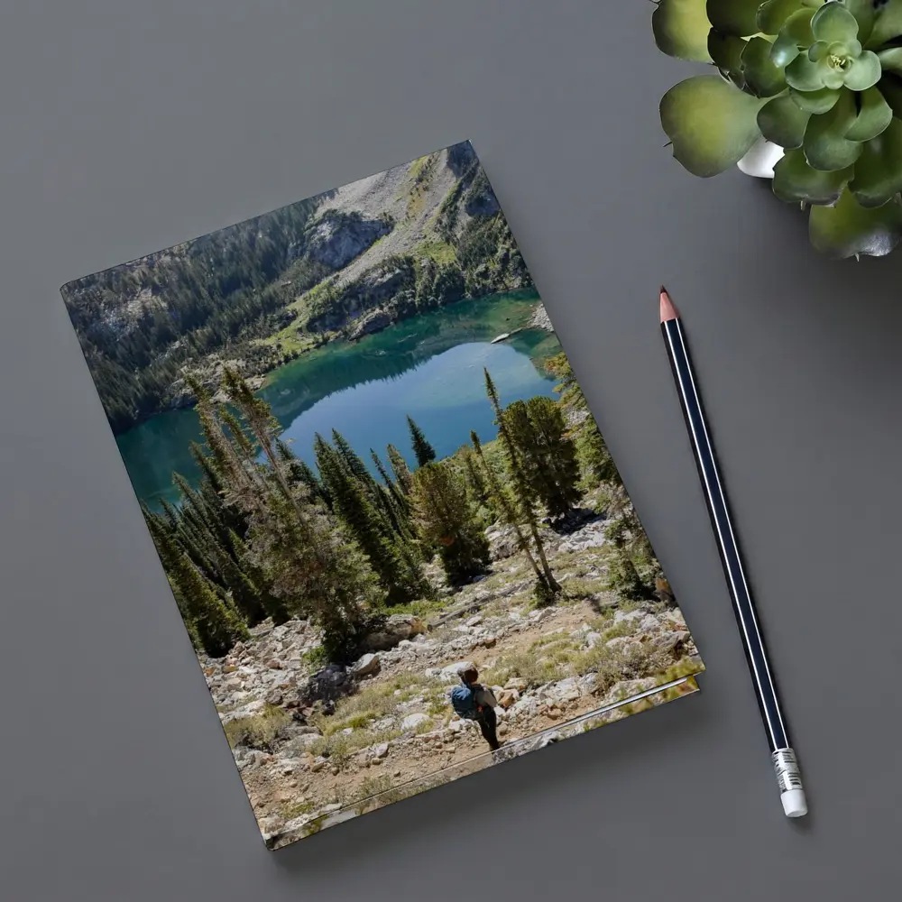 Hiker Overlooking Alpine Lake Mountain Forest – Notebooks