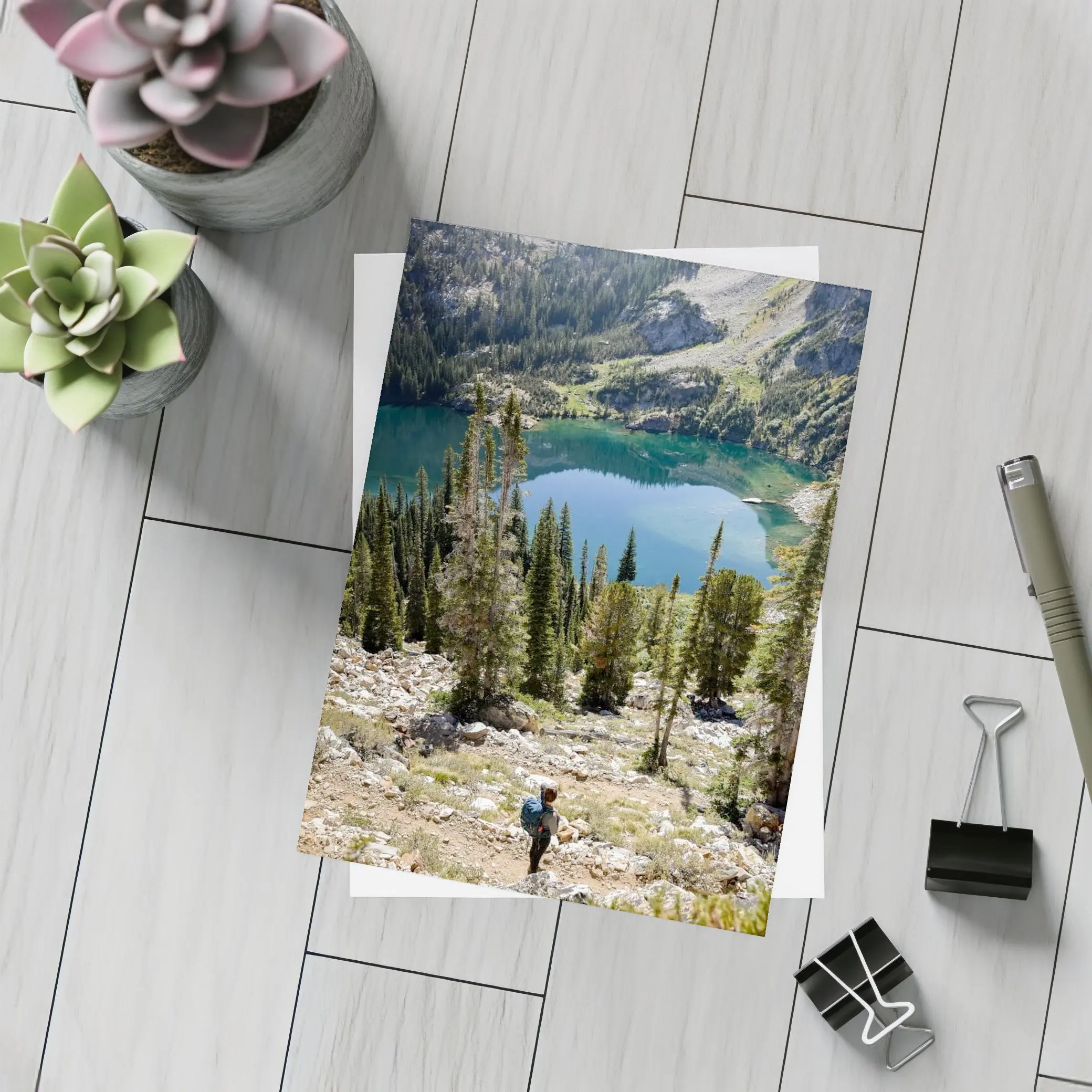 Hiker Overlooking Alpine Lake Mountain Forest – Postcards